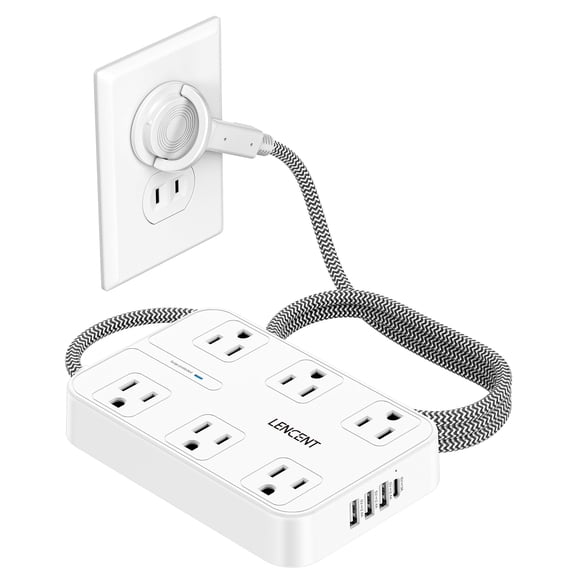 LENCENT Regleta Multicontacto de 2 a 3 Clavijas, Extension Electrica Enchufe Plano con Protector de Sobretensión, 1.8M Conector Múltiple con 6 Salidas CA y 4 Puertos USB (1 USB C