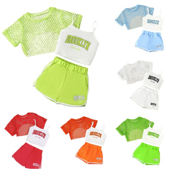 LIIPEE Girls Summer Outfits 3 Piece Set Solid Color Mesh Tees Letter Print Sleeveless Camisole And Shorts Kids Casual Cute Outfit Sets,11-12 Years