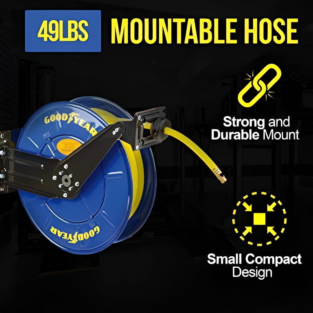 Goodyear Industrial Retractable Air Hose Reel - 3/8" x 50' Ft, 300 PSI Max, 1/4"