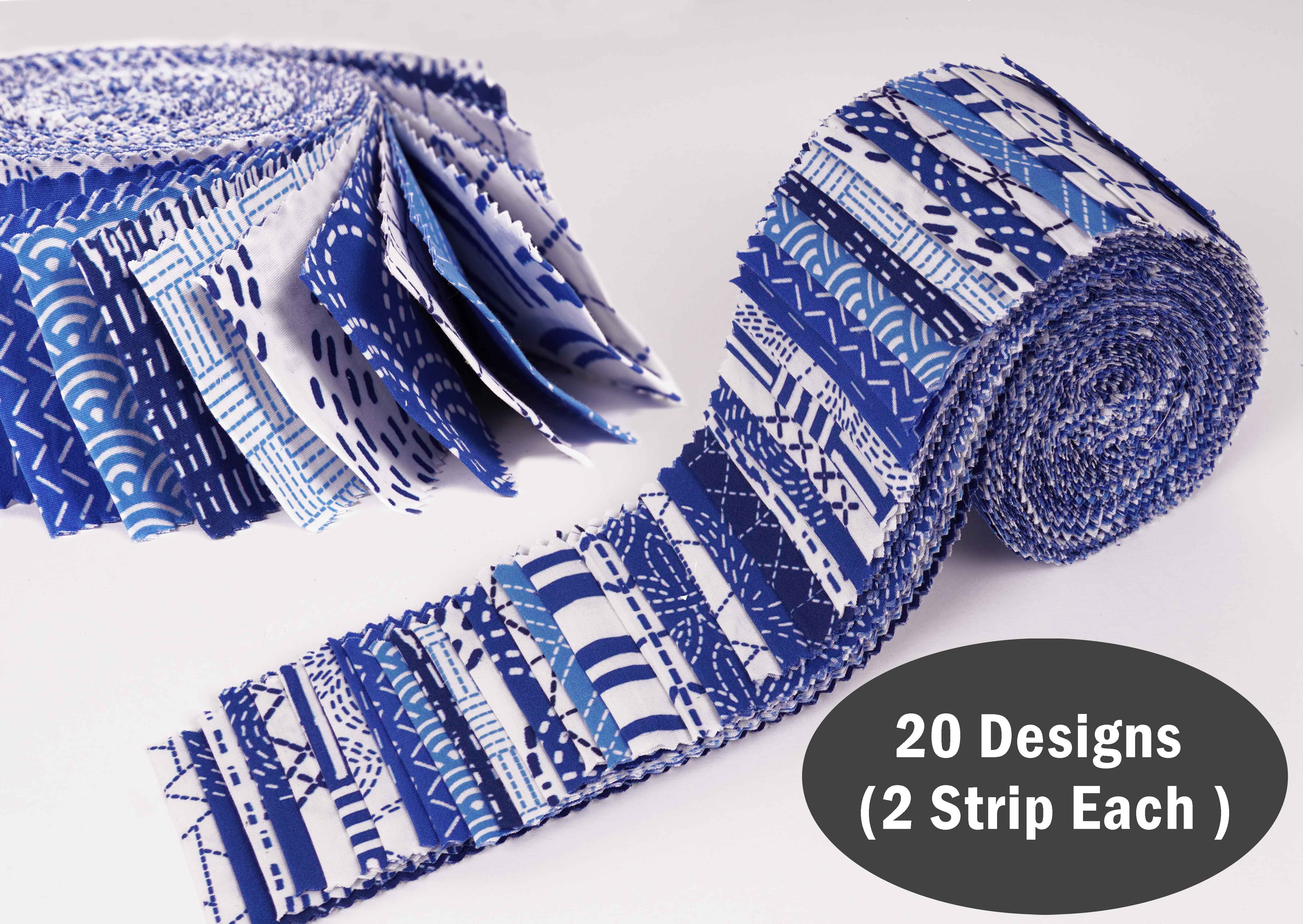 Soimoi 40Pcs Japanese Sashiko Print Cotton Precut Fabrics For Quilting Craft Strips 2.5x42inches Jelly Roll - Medium Blue
