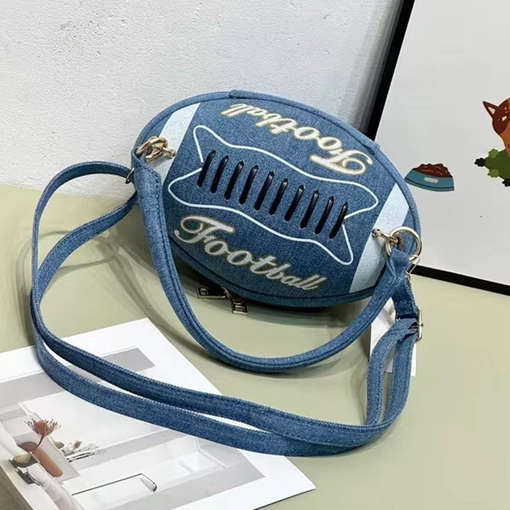 Jiibva Women American Football Shaped Crossbody Bag Denim Shoulder Bag Rugby Clutch Handbag Unique American Football Purse for Lady