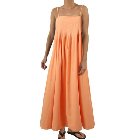 Womens 2025 Summer Maxi Dress Casual Sleeveless Spaghetti Strap Smocked Ruffle Beach Long Dress with Pockets(L,Orange1)