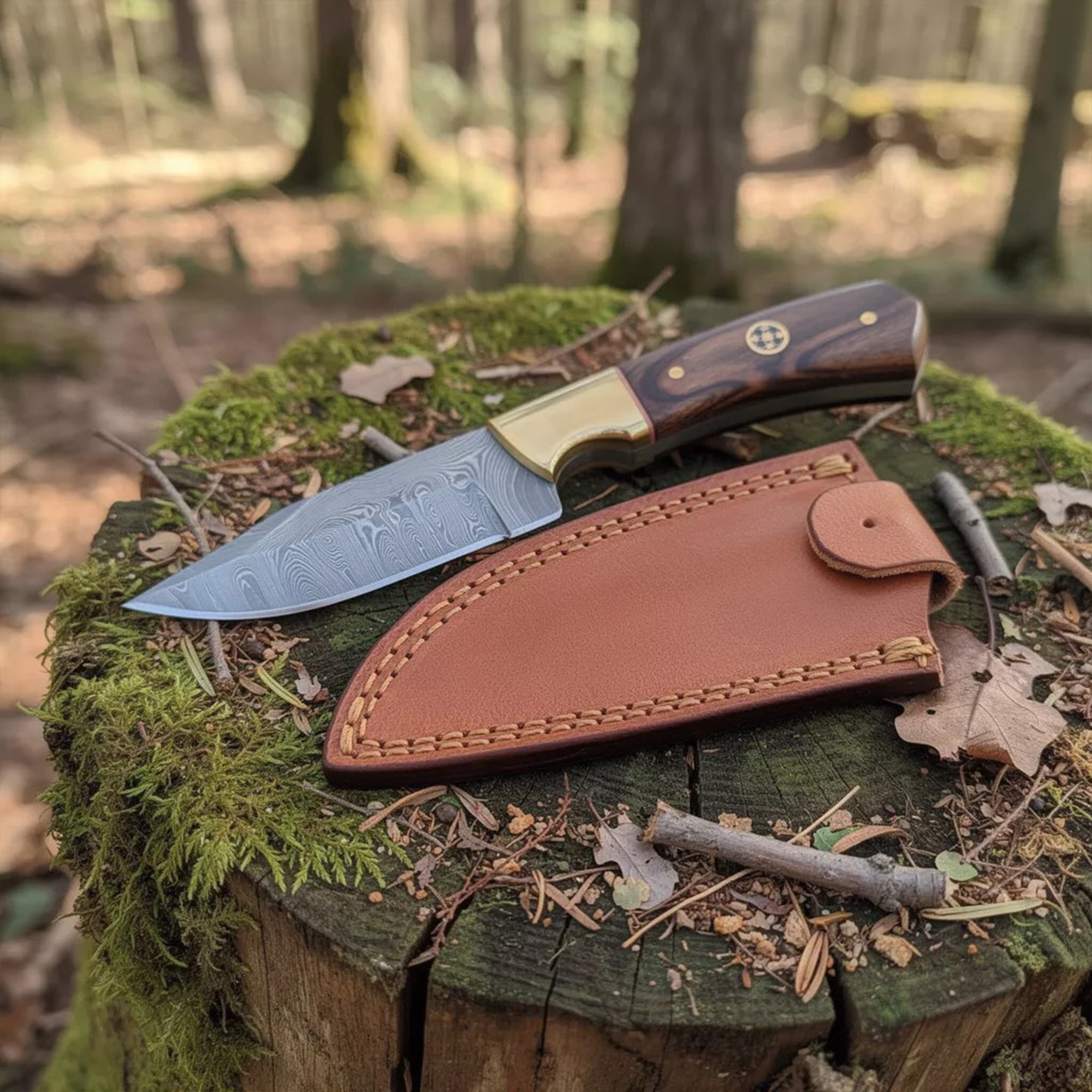 SANZ 6.5 Inch Bronze Baron Skinner Knife Damascus Blade Walnut Handle Full Tang Outdoor Hunting Knife With Leather Sheath Filework Design