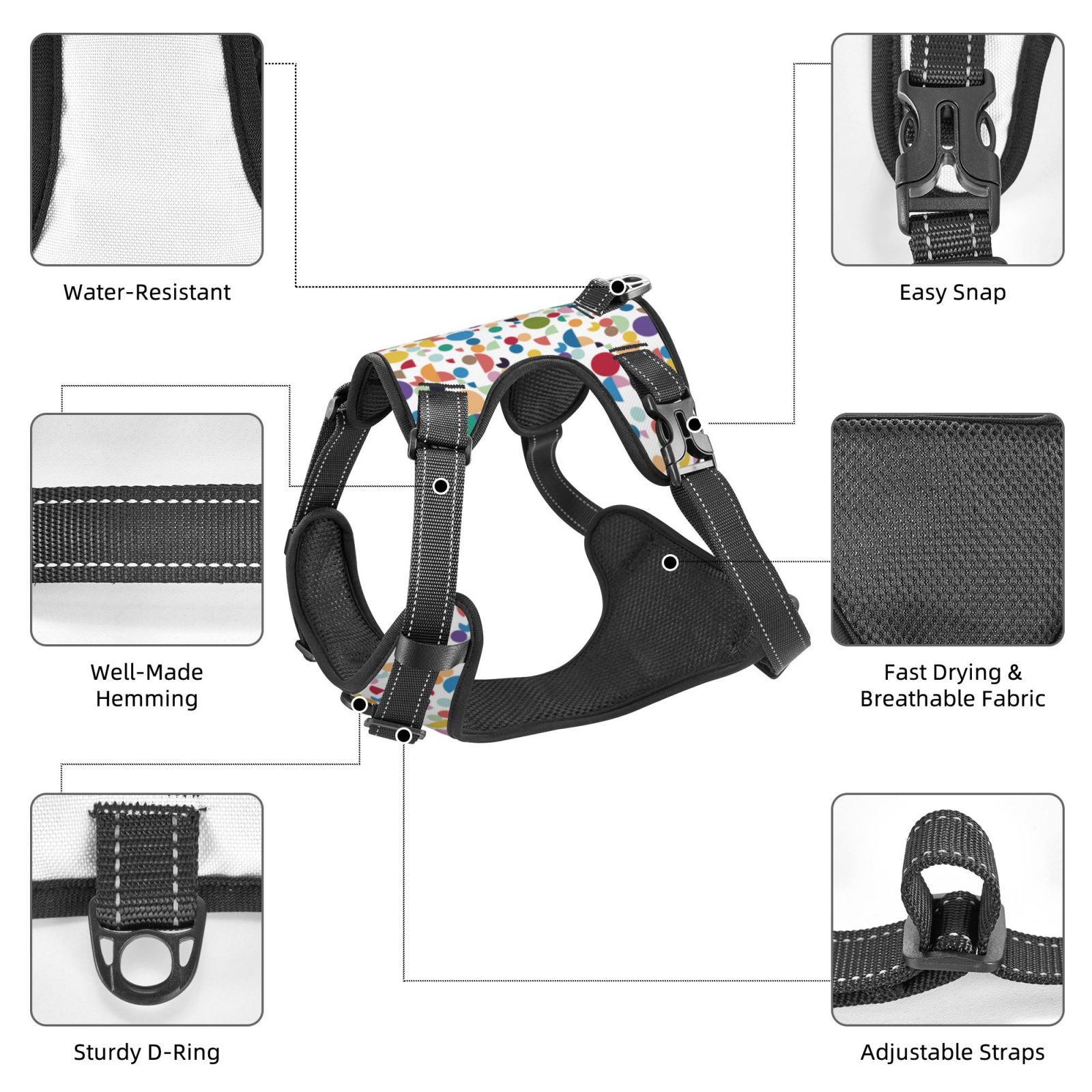 Kdxio Colorful Spots Print No Pull Dog Harness Adjustable Reflective Oxford Easy Control Medium Large Dog Harness for Training and Everyday-Small
