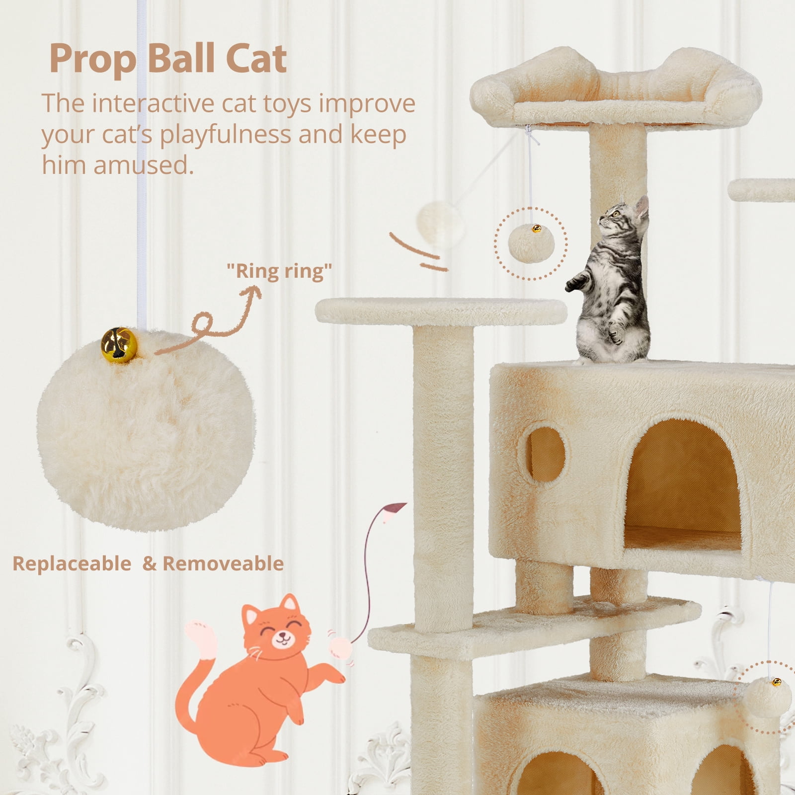 Cat Tree, 54-Inch Cat Tower with Sisal Scratching Post, Multi-Level Plush Cat Tree with Climbing Ladder, Beige