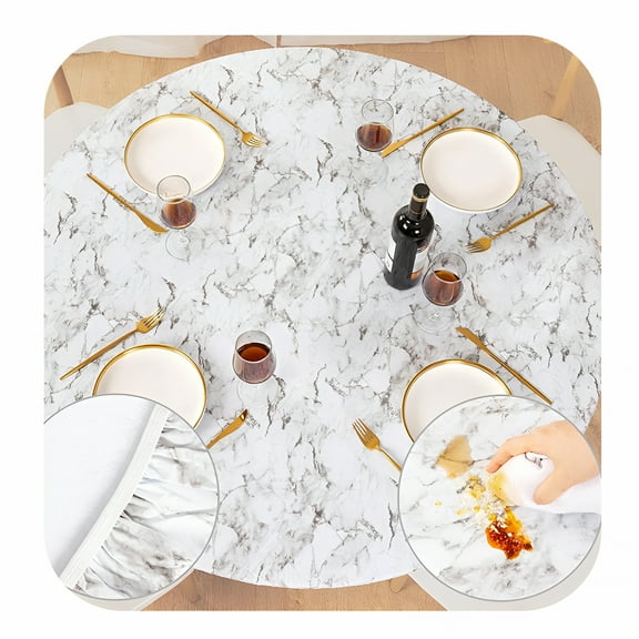 AUQ Round Fitted Vinyl Tablecloth with Elastic Edged & Flannel Backing,Fits Tables Up to 45"-56" Diameter (White Marble)