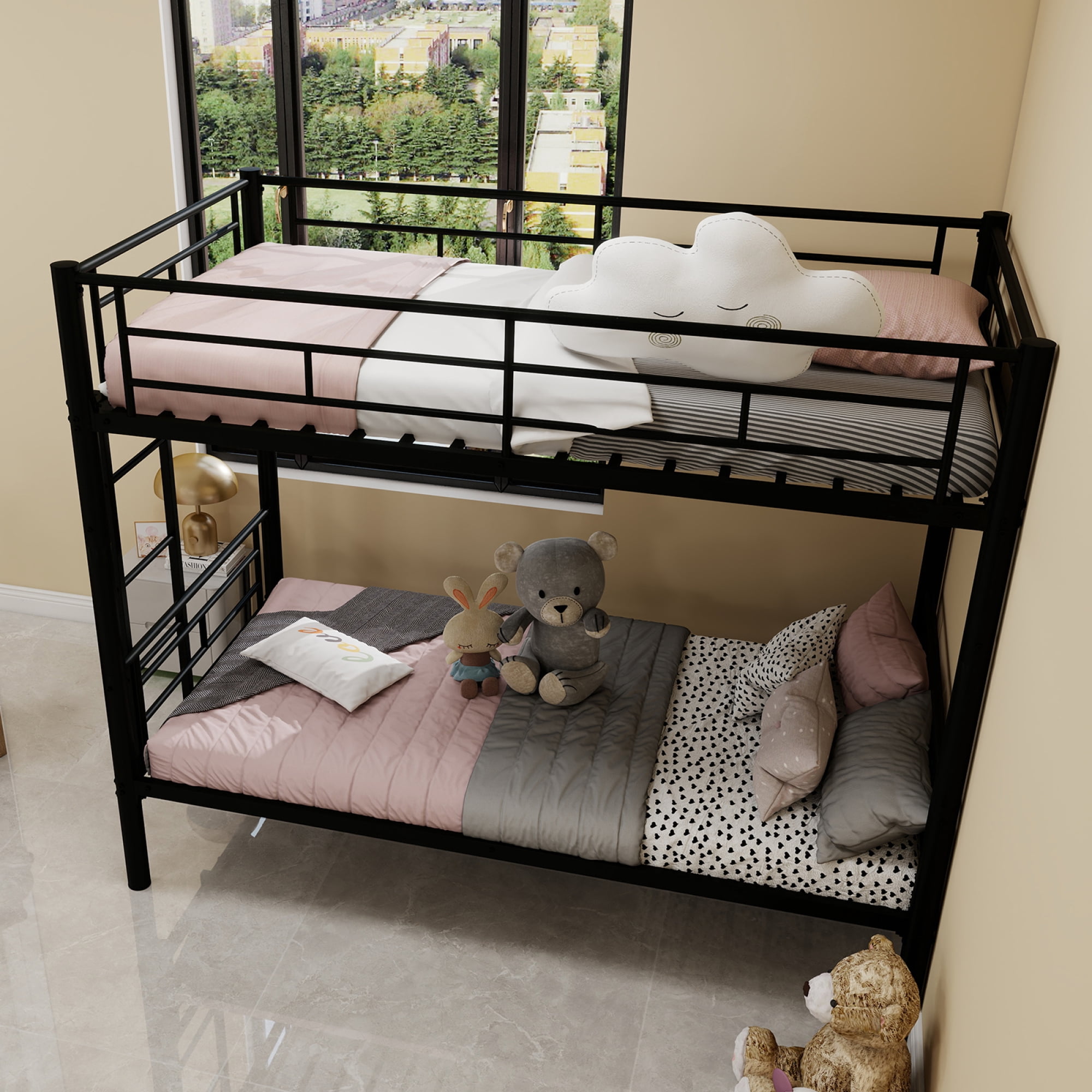 Leumius Twin Over Twin Bunk Bed for Kids Boys Girls, Metal Bunk Bed with Ladders & Guardrail,Convertible 2 Beds,Black
