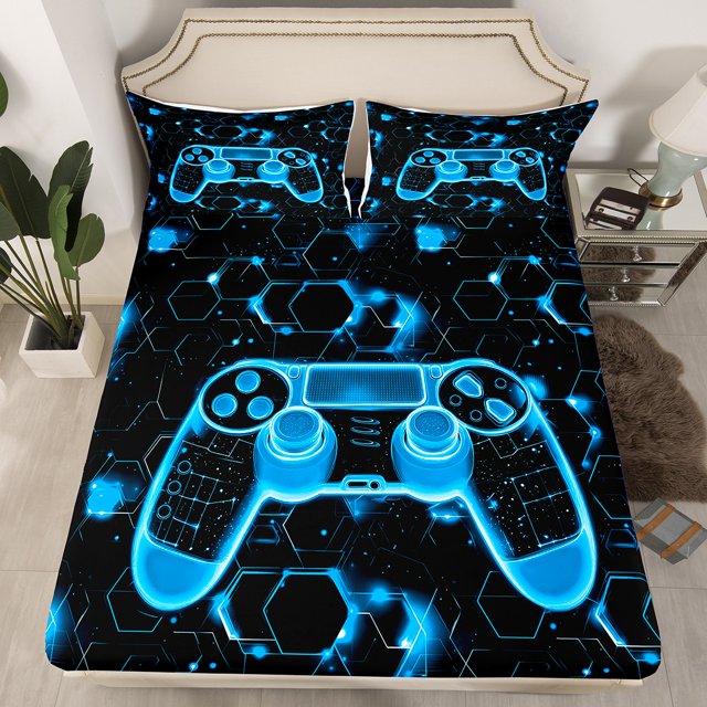 Erosebridal Gradient Gamepad Fitted Sheet Set Queen, Video Game Bedding Queen Size, Neon Geometry Decor 3-Piece