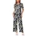 thumbnail image 2 of INSPIRAR CHIC Conjunto de Pijamas de Satén para Mujeres, Top de Manga Corta de Seda con Flores y Pantalones, 2 Piezas, Pijamas XS Flores Negras, 2 of 5