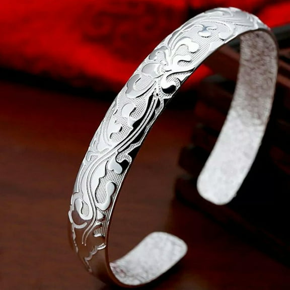 HOOUN 925 Sterling Silver Plated Bangle Bracelet Open Cuff Love Flower Shinny Couple