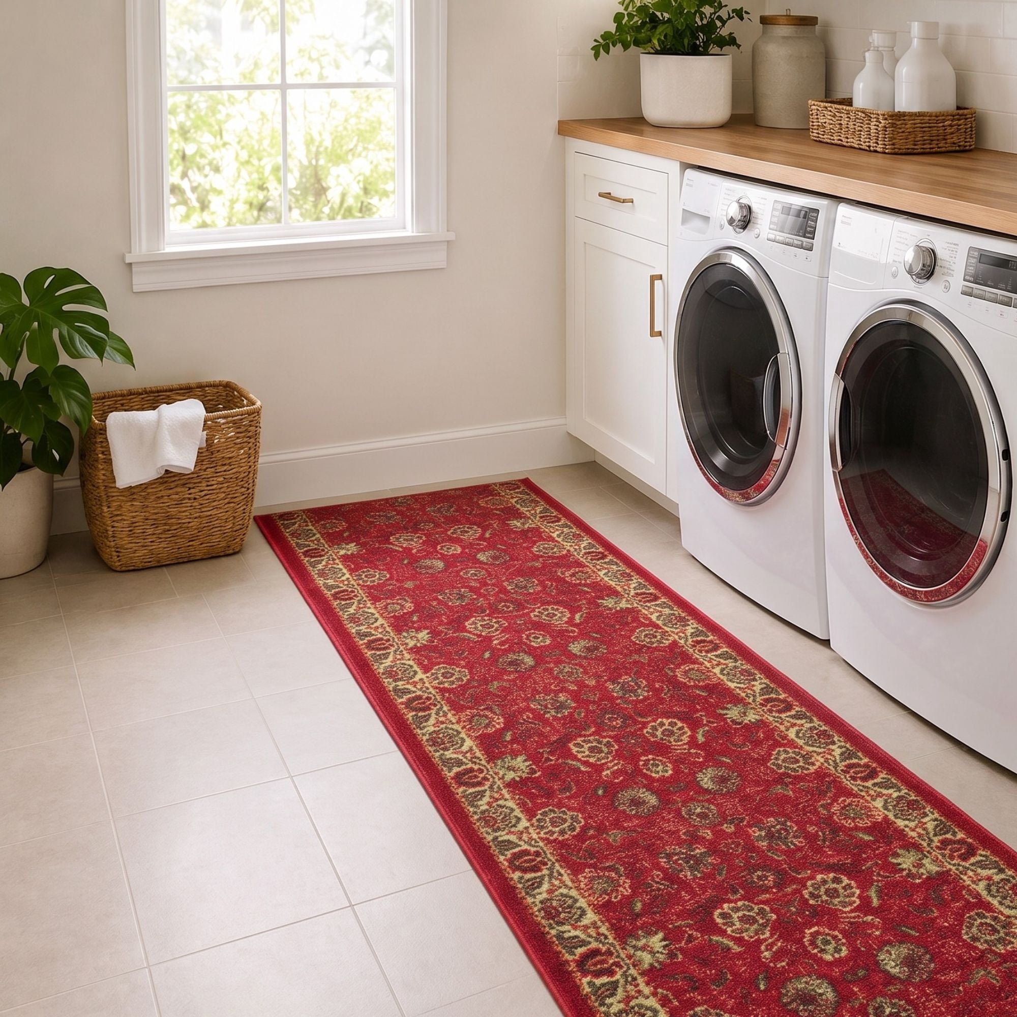 Ottomanson Extra Long Runner Rug 2'7" x 47' – Non-Slip Low Pile Hallway Carpet, Oriental Red