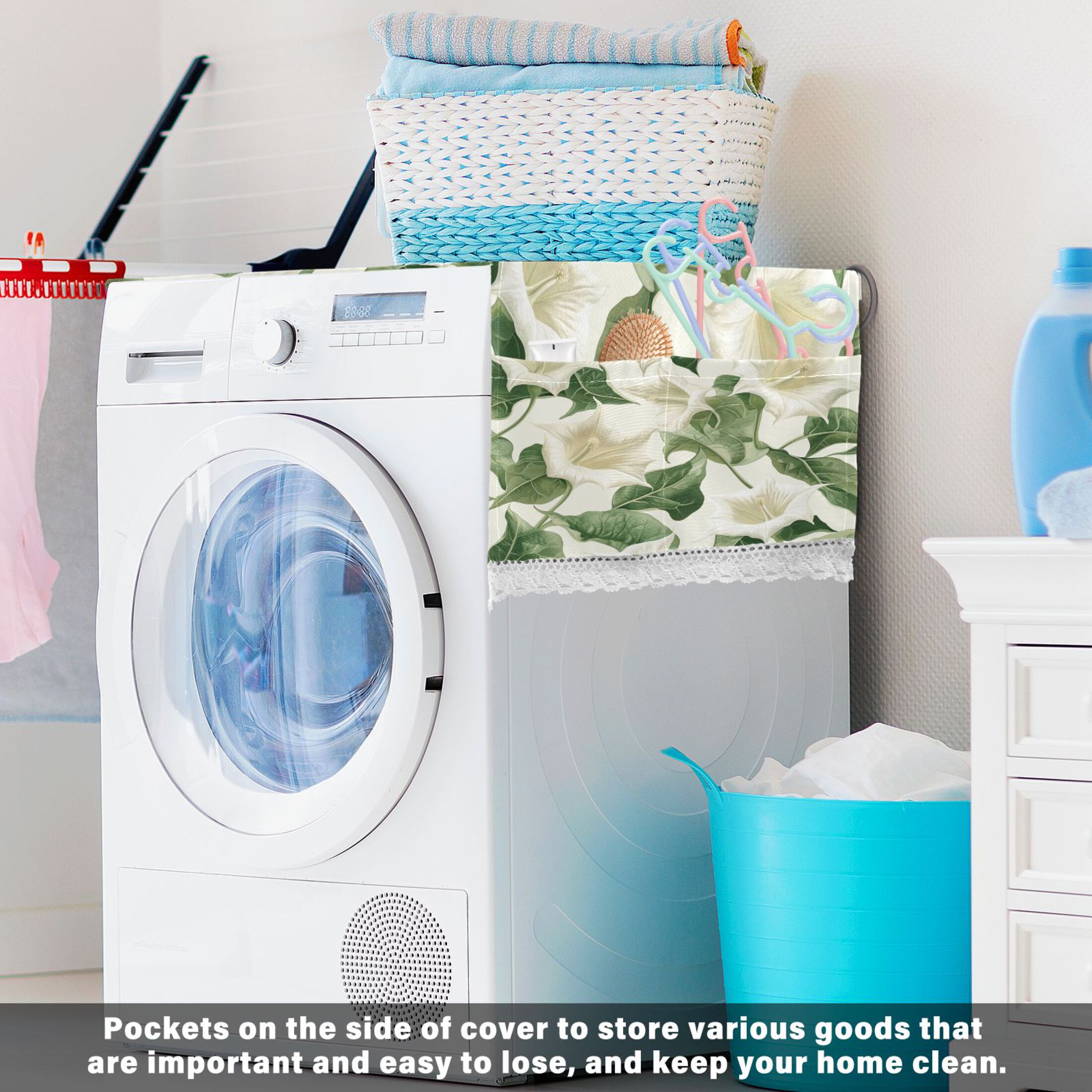 Datura StramoniumWasher and Dryer Covers Dust-Proof and Oil Resistant Fridge Cover with 4 Storage Pockets Washing Machine Top Cover for Laundry Kitchen Home 51.2 x 22 In