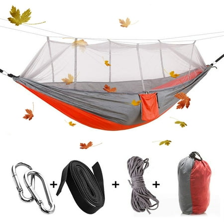 - IClover Portable 2 Persons Outdoor Camping Jungle with Mosquito Net Garden Hanging Nylon Bed Hammock Swing Bug Net Cot for Relaxation,Traveling,Outside Leisure Gray & Orange