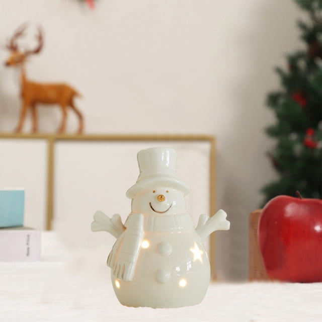 CaiYueKe Glow in The Dark Ceramic Christmas Ornament, Luminous Holiday Tabletop Night Light with Santa Snowman Deer Figurines, Warm White Festive Ceramic Holiday Scene for Christmas Home Decor