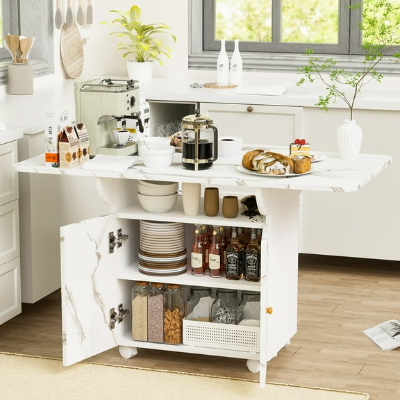 PAPROOS Folding Dining Table, 47'' Expandable Dining Table with Storage Racks & Storage Shelves & Wheels, Drop Leaf Kitchen Table with Marble-color, Space Saving Dining Room Table, White