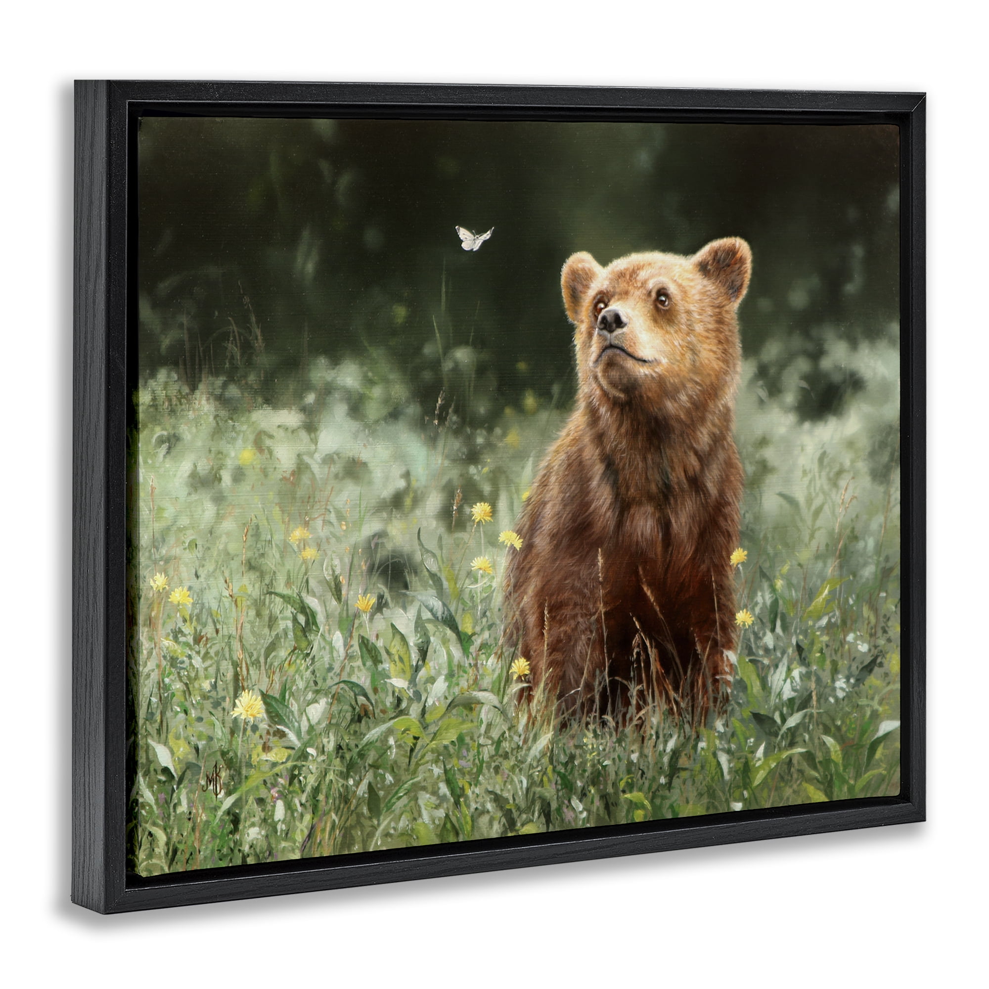 Stupell Industries Baby Bear & Butterfly Animals Painting Black Floater Framed Canvas Art Print Wall Art, 21 x 17