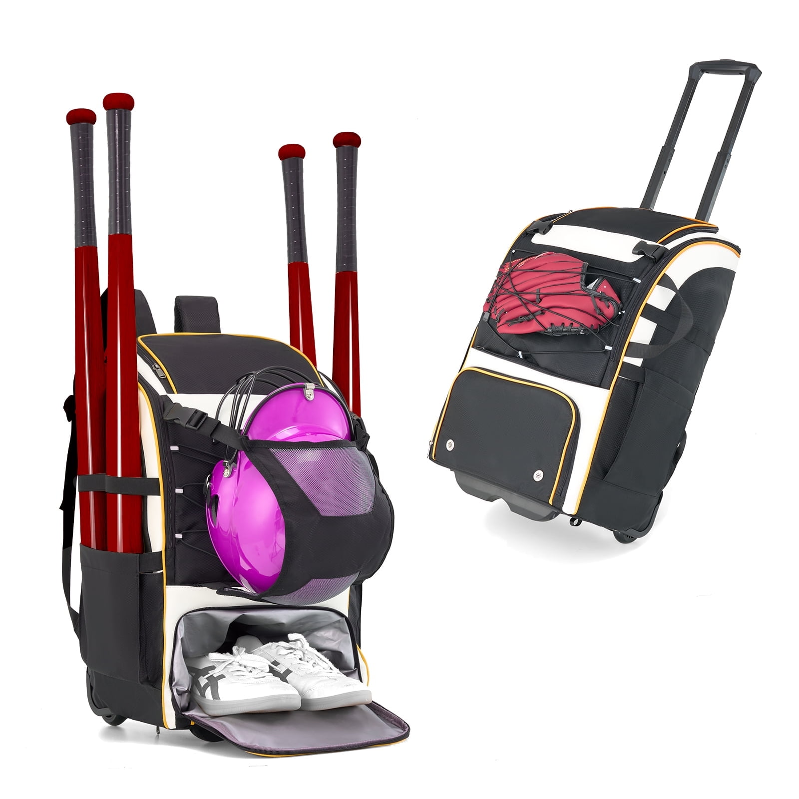 Rolling Baseball Bag with Wheels, Large Capacity Softball Bag Holds 4 Bats for Boys and Girls, Youth Equipment Bag with Rain Cover and Shoe Compartment