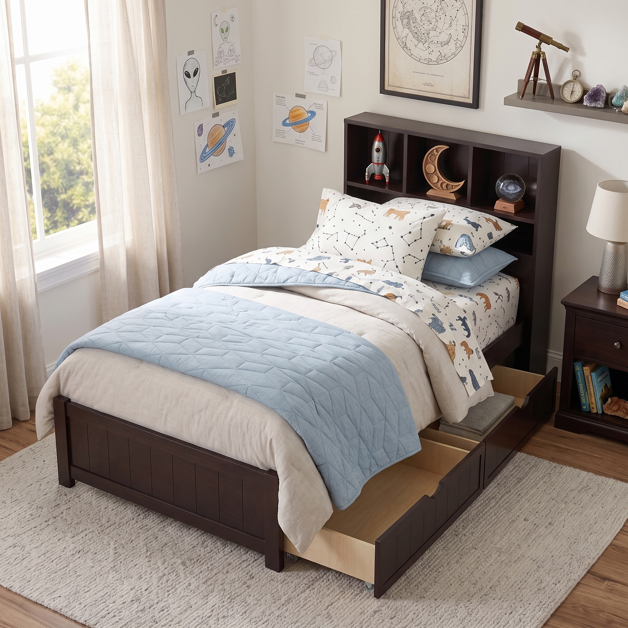 Euroco Wood Twin Size Platform Bed with Storage Headboard and Drawers, LED Light and USB Charging, Espresso