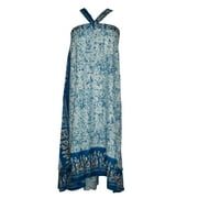 Mogul Women's Magic Wrap Around Skirt Silk Sari 2 Layer Reversible Blue Sarong Dress