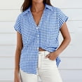 thumbnail image 3 of Craaazy Women's Short Sleeve Tops Gingham Print Tie Front Collared Button Down Shirts for Casual Daily Wear, 3 of 6