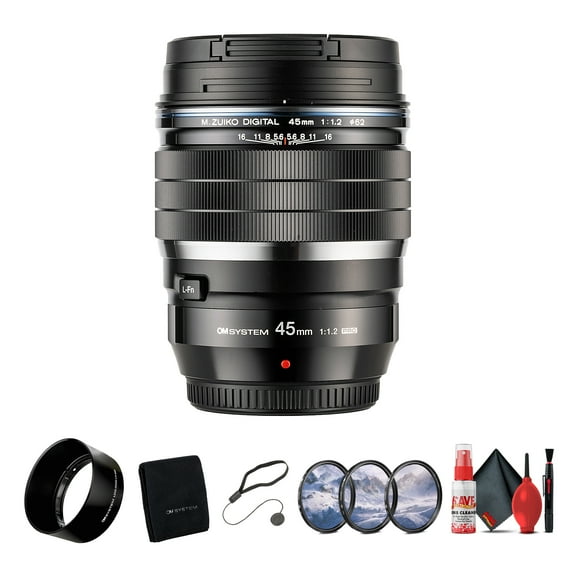 Olympus M.Zuiko Digital ED 45mm f/1.2 PRO Lens Bundle Including: 3-Piece Filter Kit, Lens Hood, Full Cleaning Kit, Cap Keeper