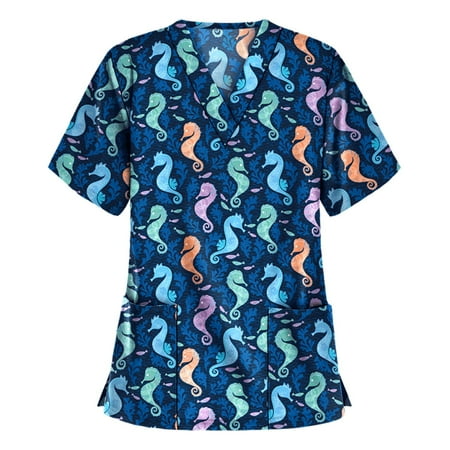 

BallsFHK Women s Fashion New V-neck Suit Printed Short Sleeve Casual Caregiver Top Scrub Tops Women