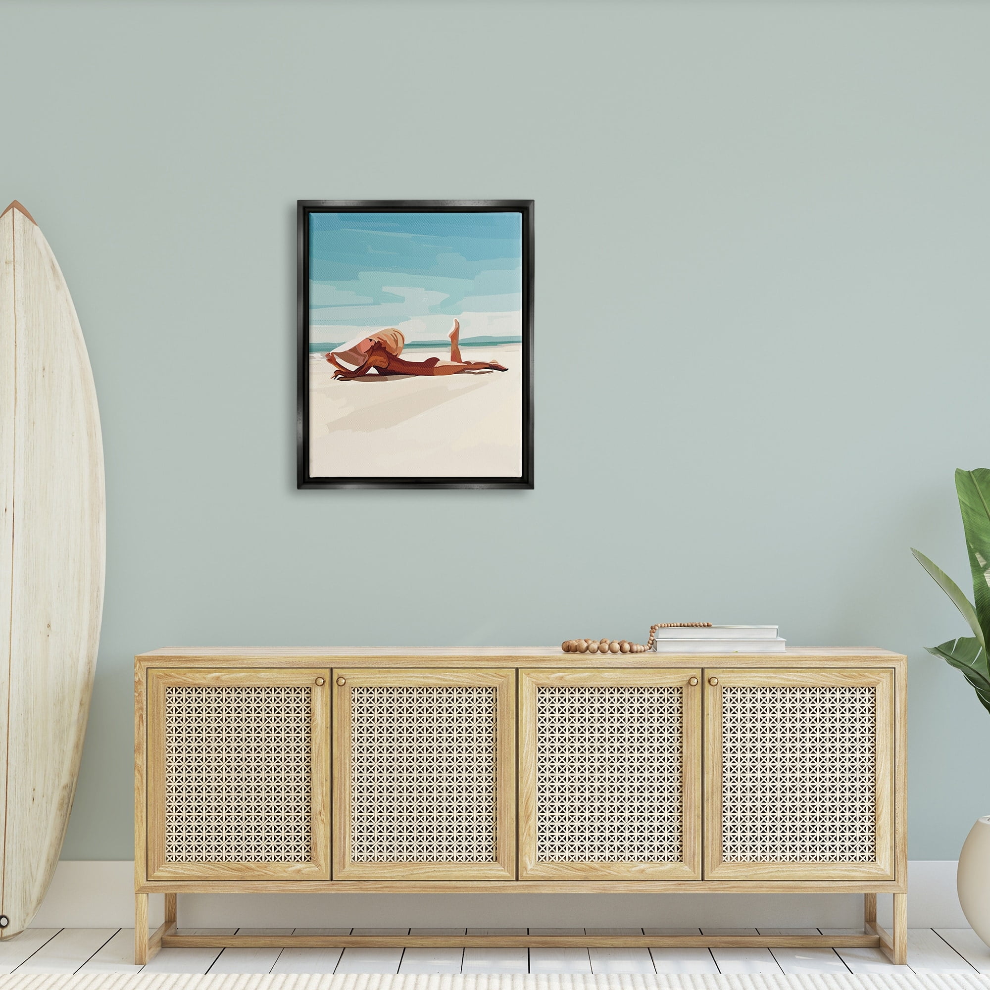 Stupell Industries Beach Babe Lounging Coastal Ocean Shoreline Graphic Art Jet Black Floating Framed Canvas Print Wall Art, Design by Amelia Noyes