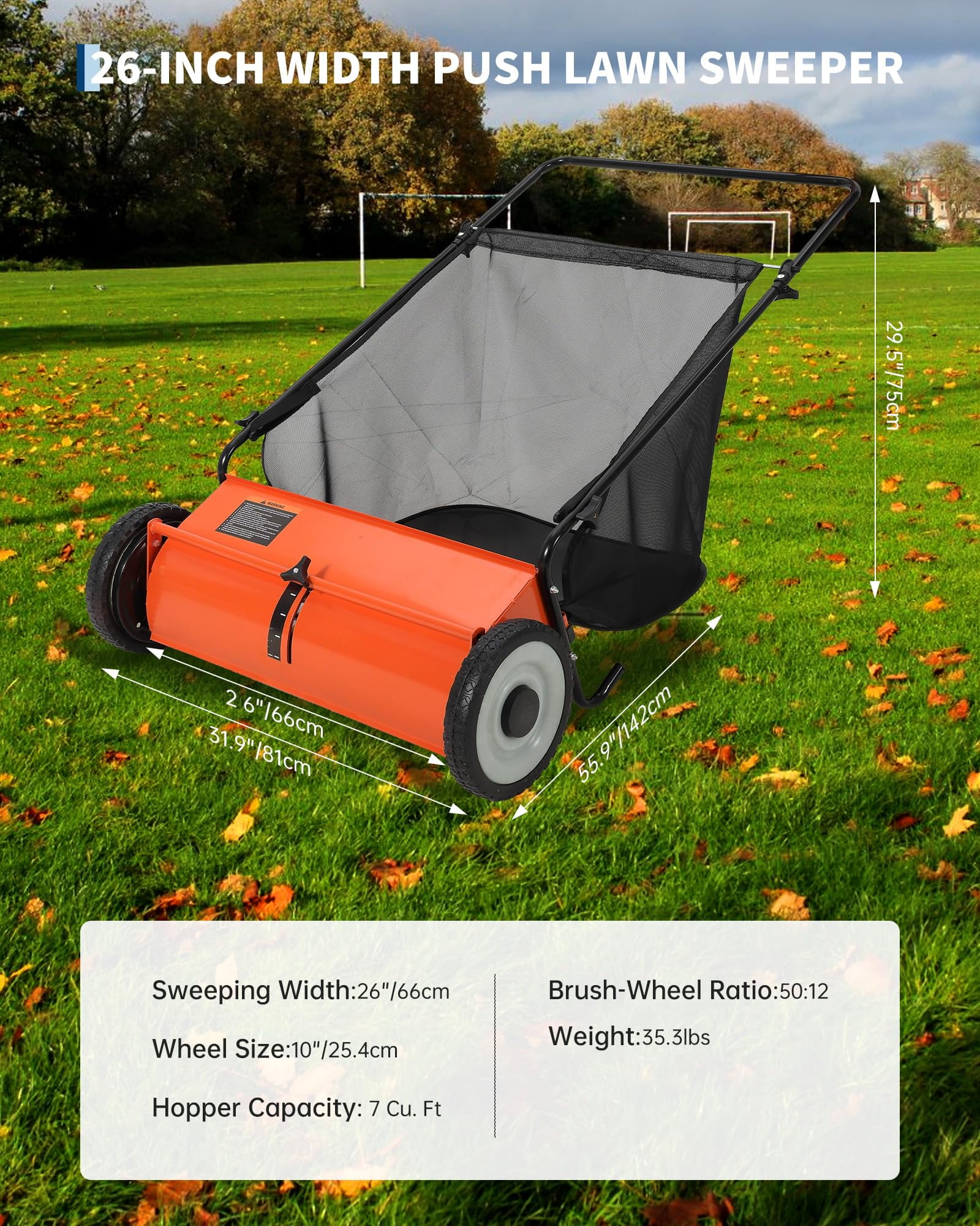 26 in Push Lawn Sweeper, 7 Cu. Ft. Hopper Capacity Grass Sweeper, Manual Push Yard Sweeper with Height Adjustment & 4 Fast Spinning Brushes for Grass Clippings, Leaves & Debris, Orange