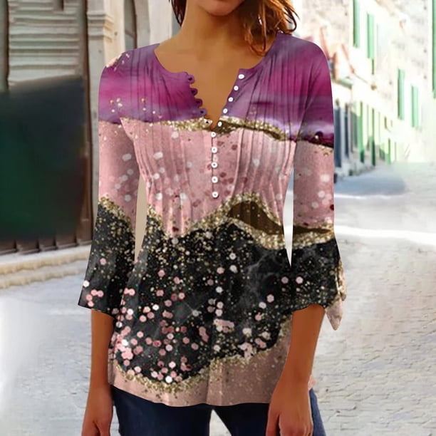 ICHUANYI Clearance Women's Casual Trumpet 3/4 Sleeve Printed Buttoned Basic Ruched Corset Tunic Tops Pleated T-shirts Blouses(Purple, XL) ICHUANYI WER2023080817695