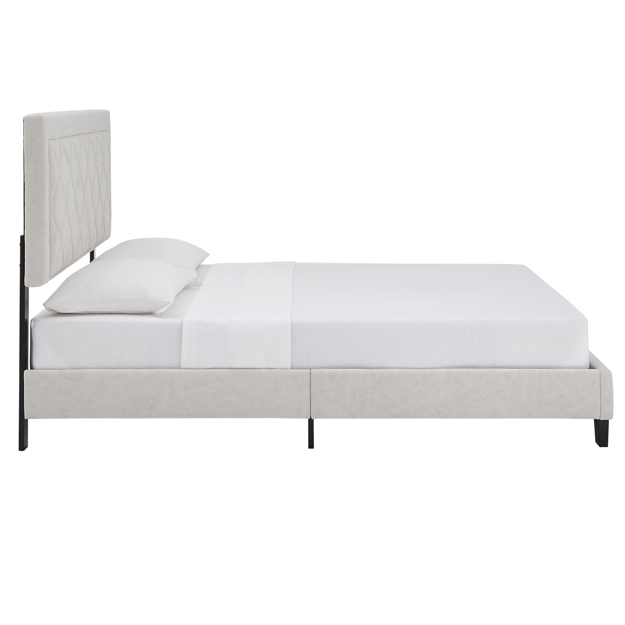 Weston Home Brielle Black Finish Frame with Velvet Upholstered Platform Queen Bed, Cream