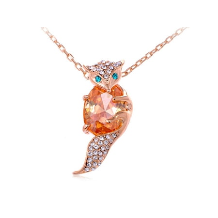 Genuine Stone Necklace Set - Gold Tone Large Topaz Stone Body Genuine Rhinestone Fox Animal Pendant Necklace