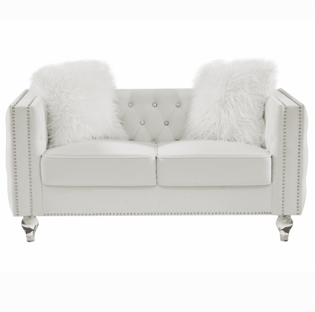 Modern Velvet Upholstered Loveseat Sofa with 2 Plush Pillows, Leisure 2-Seater Couch with Crystal Feet and Buckle, Lounge Sofa for Living Room, Bedroom, Office, Apartment, Beige