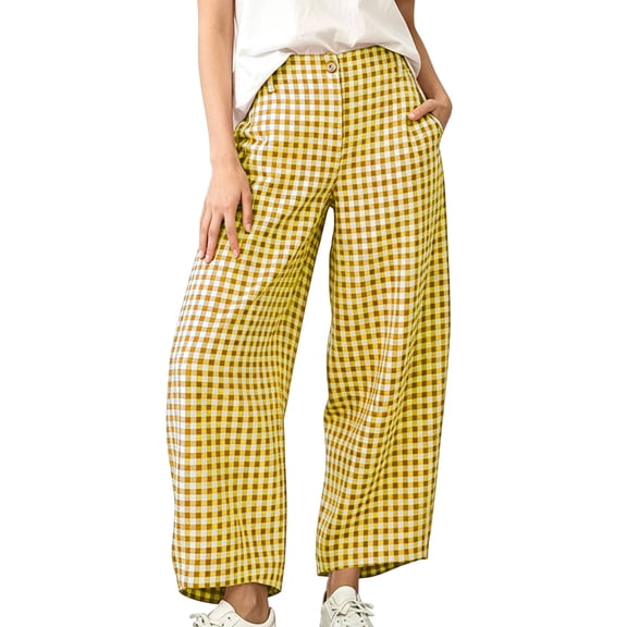 ZToonmas Gingham Barrel Ankle Pants for Women Button Fly High Waist Loose Plaid Nine Point Casual Pants with Pockets