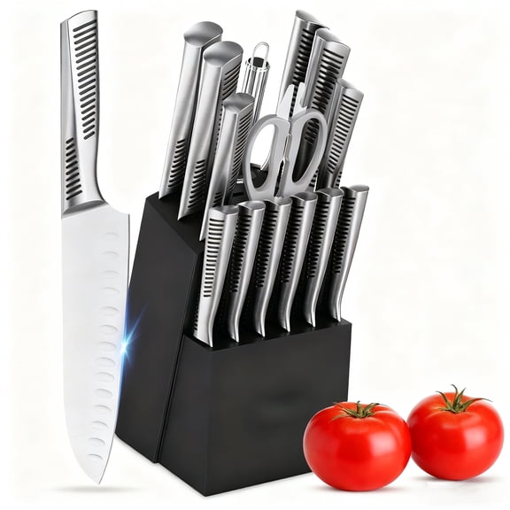 Kitchen Knife Set, 15 Piece Knife Sets with Block Chef Knife Stainless Steel Hollow Handle Cutlery with Manual Sharpener