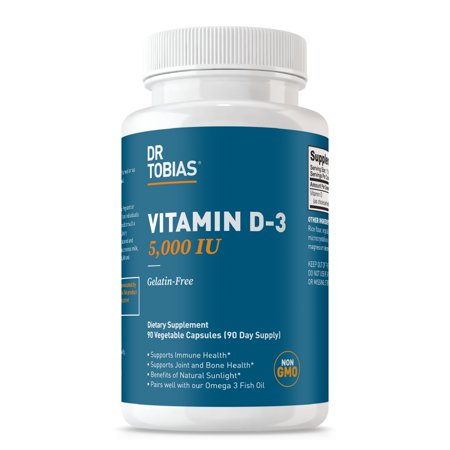 Dr. Tobias Vitamin D3 5000 IU, Essential for Dr. Tobias Vitamin D3 5000 IU, Essential for Healthy Bones, Teeth, and Immune System, Extra Strength Vitamin D Supplement, Non-GMO, 90 Capsules, 90 Servin