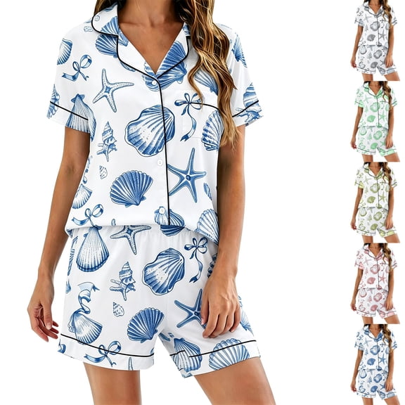 Endives Womens Pajama Sets Print Womens Nightwear 2 Piece Pajamas Set Short Sleeve Button Down Shirt and Short Soft Sleepwear Matching Sets Women Clothing