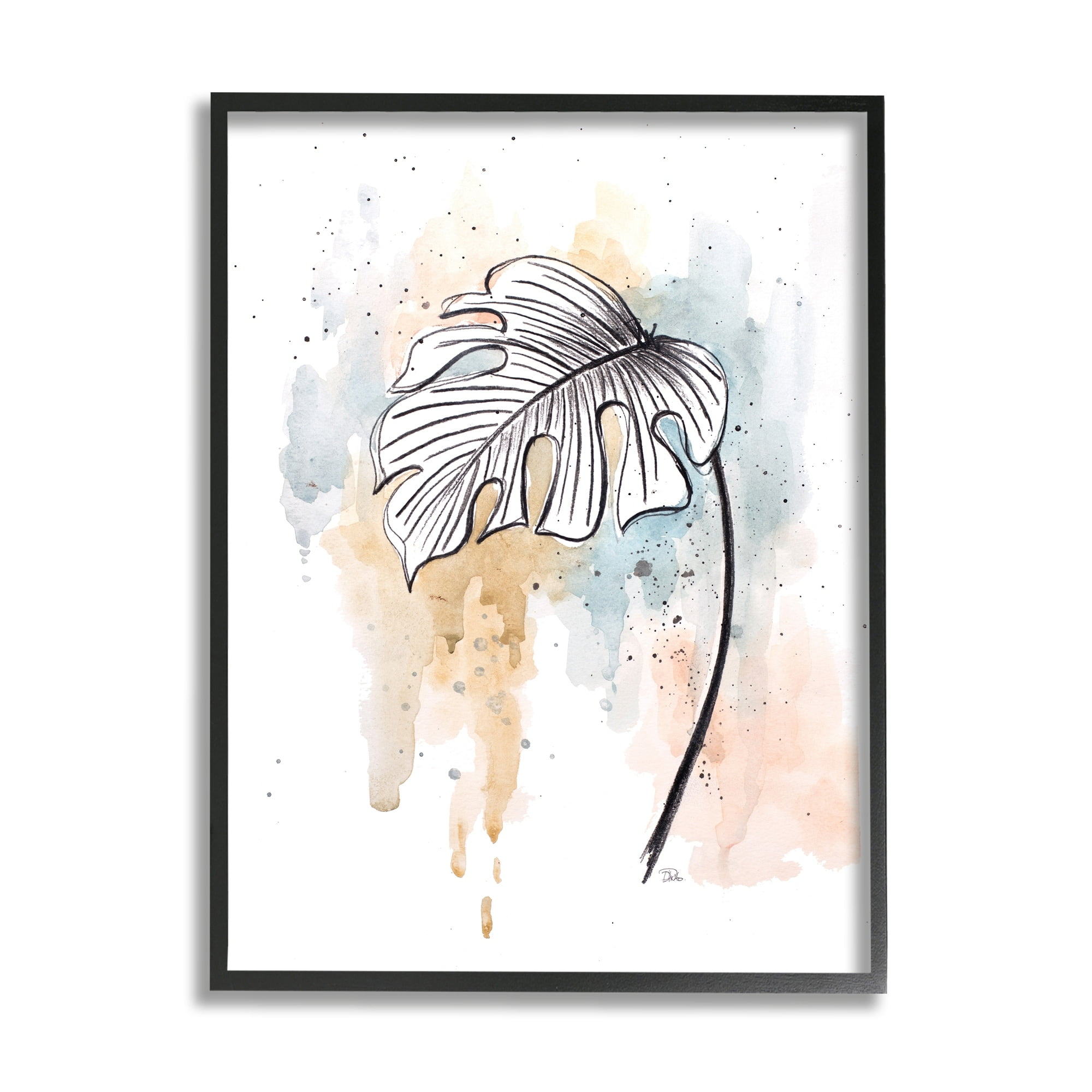Stupell Industries Monstera Plant Stem Blue Brown Splatter Watercolor Gray Framed Art Print Wall Art, 11x14, by Patricia Pinto