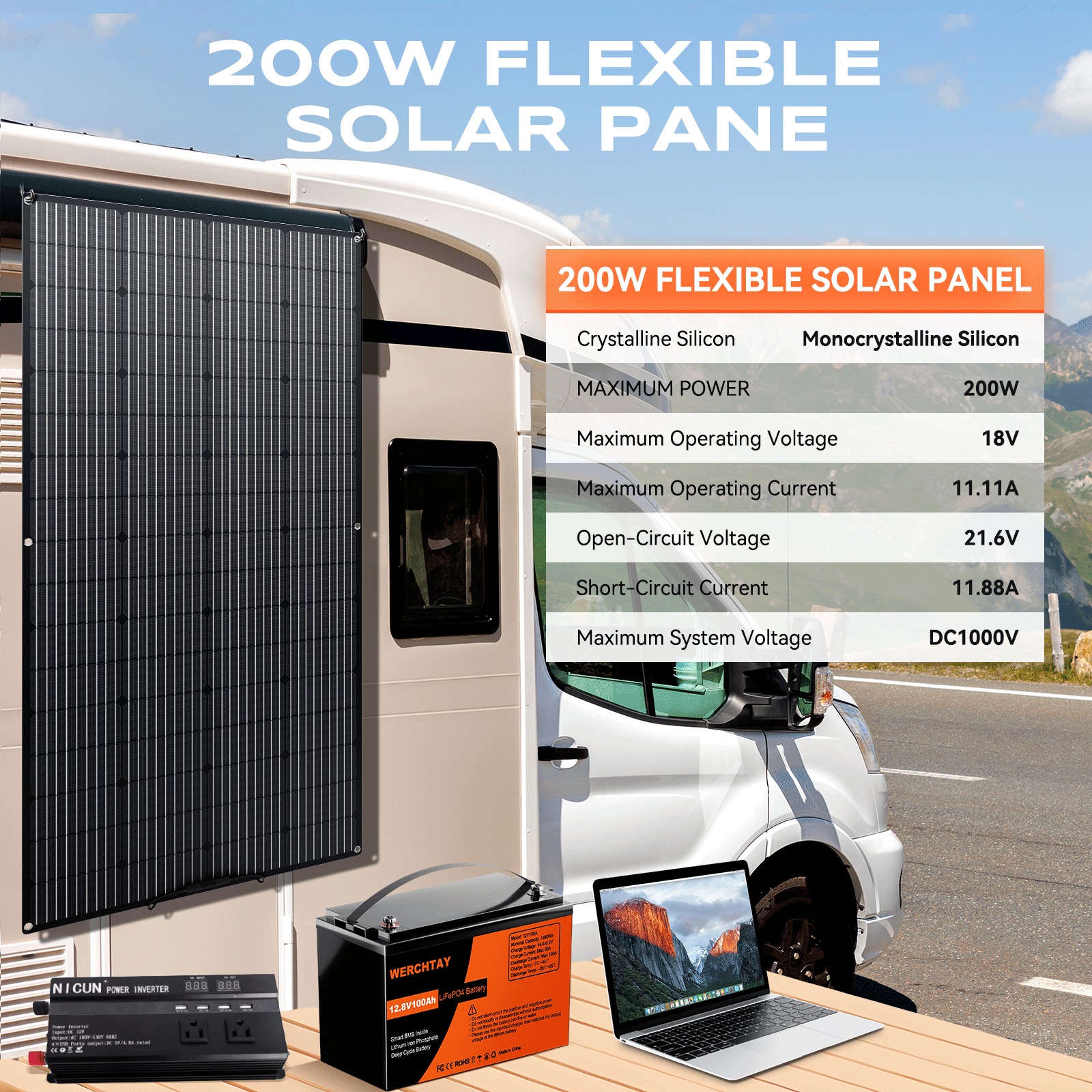 WERCHTAY 12V 200W Portable Flexible Solar Panel Mono Power RV Camping Home Boat Off-Grid