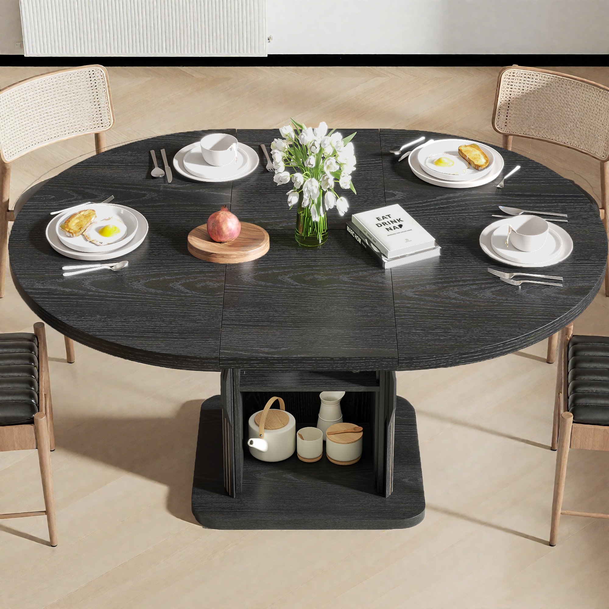 59 Inch Extendable Round Dining Table for 4-6, Kitchen Dining Table with Storage Shelf for Home Living Room, Black