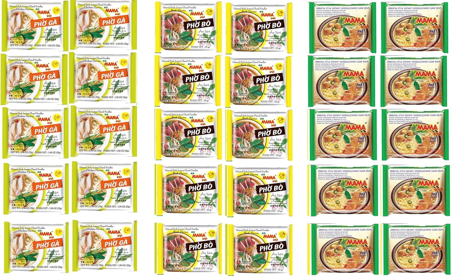 NineChef Mama Bundle - NineChef Spoon Plus Mama Oriental Style Instant Noodle Mix Flavor (Pho Ga Chicken Flavor, Pho Bo Beef Flavor, and Pho Chand Clear Soup) 3 flavors 10 bags each total 30 bags