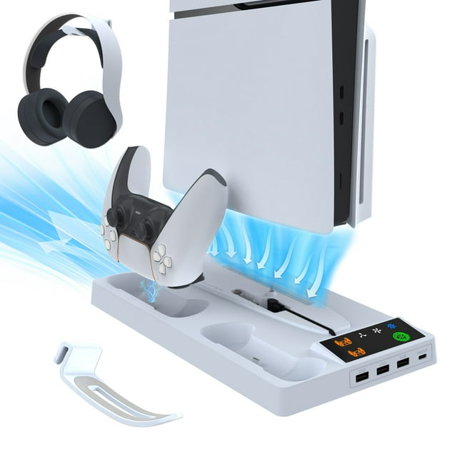 Cooling Station Stand for PS5 Slim, Dual Controller Charging Station, 3-Stage Cooling Fan, 3 USB Hubs, Headphone Holder for PS5 Slim Disc/Digital Edition Console