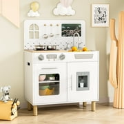 Pirecart Kids Play Kitchen Set, Wooden Kitchen Playset with Real Lights & Sounds, Toddler Pretend Play Kitchen Set with Knob Sounds, Sink, Water Dispenser, 6 Pcs Cookware & Chalkboard Panel, White