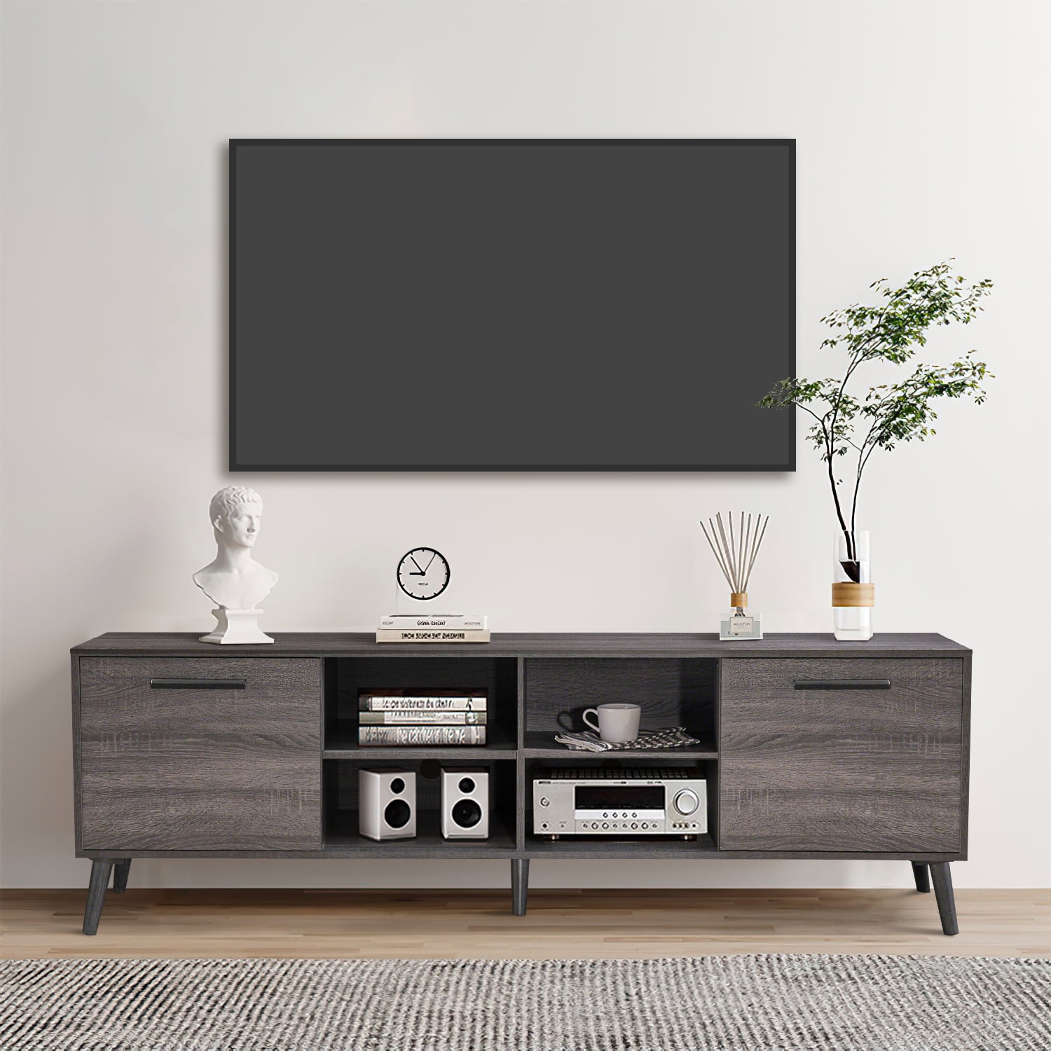 Kadyn Mid Century TV Stand, Modern TV Console with 2 Cabinets & Shelves, Fiberboard TV Entertainment Center for Living Room, Plaid Grey Oak