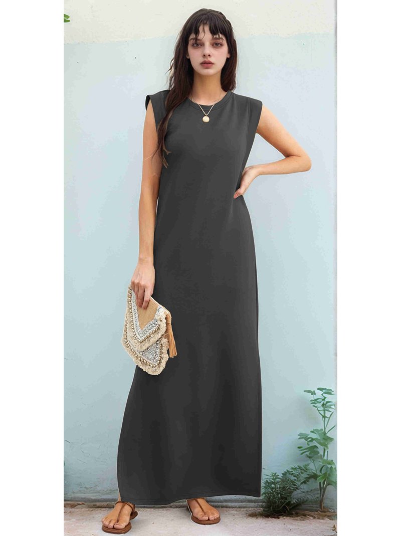 2025 Women Summer Round Neck Casual Loose Split Wrinkle-Free Long Maxi  Vacation Dress with Pockets Dark Gray L - Walmart.com