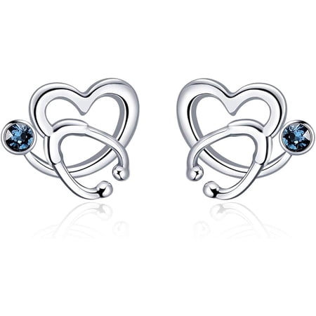 AOBOCO Nurse Earrings 925 Sterling Silver Stethoscope Studs Earrings Simulated 12 Months Birthstone Crystal from Austria, Graduation Jewelry Gifts for Nurse Doctor RN Medical Student