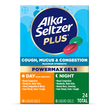 Alka-Seltzer Plus Maximum Strength Cough, Mucus & Congestion Medicine, Day Night, Powermax Liquid Gels, 24 Count