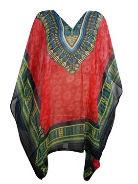 Mogul Womens Dashiki Short Kaftan Dress Boho Chic Lightweight Red Printed Kimono Sleeves Beach Cover Up Resort Wear Comfy Caftan ONE SIZE