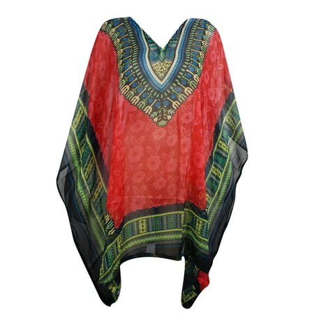 Short Caftan - Mogul Womens Dashiki Short Kaftan Dress Boho Chic Lightweight Red Printed Kimono Sleeves Beach Cover Up Resort Wear Comfy Caftan ONE SIZE