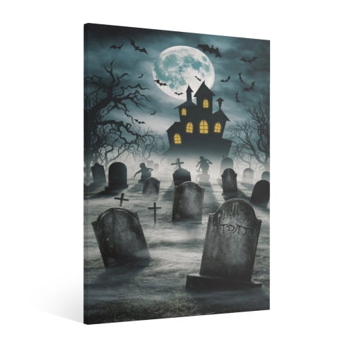 Vintage Halloween Cemetery, haunted house,Canvas Wall Art Painting, Horror Creepy Dark Poster, Gothic Artwork Picture Print Decor, Spooky Ghost Wall Decor for Bar Living Room Bedroom Party Framed
