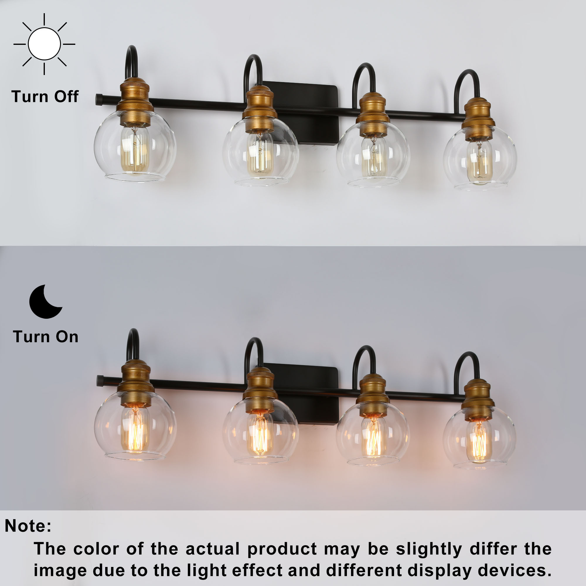 LNC 4-Light Modern/Farmhouse Matte Black and Gold And Globe Clear Glass LED Vanity Light For Bathroom